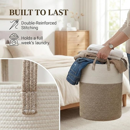 JMvicyroam 60L Cotton Rope Laundry Basket Hamper, Brown | Collapsible Laundry Basket, Reinforced Handles, Freestanding, Machine Washable, Holds 3-5 Thick Blankets, Clothes or Toys