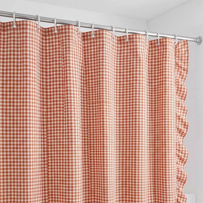 HunnmingRe Ruffled Gingham Shower Curtain Orange | 72'' x 72'' Vintage Farmhouse Curtain, Cotton Cottage Core Rural Checkered Plaid Decor, Fall Shower Curtain for Bathroom