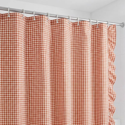 HunnmingRe Ruffled Gingham Shower Curtain Orange | 72'' x 72'' Vintage Farmhouse Curtain, Cotton Cottage Core Rural Checkered Plaid Decor, Fall Shower Curtain for Bathroom