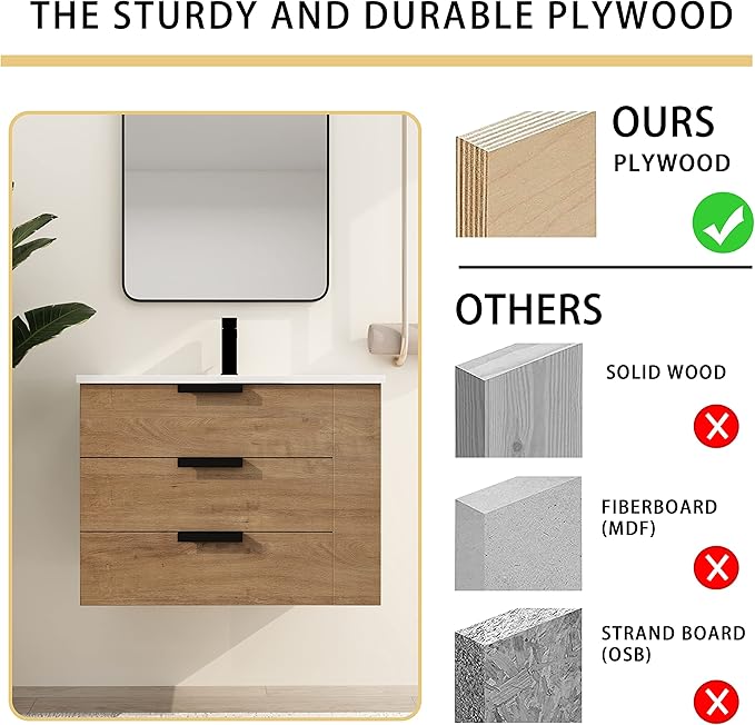 Malwee 30" Floating Bathroom Vanity with Resin Sink, 30 Inch Single Sink Wall Mounted Bathroom Vanity, with 3 Drawers, Bath Wall-Hung Cabinet Set with 3 Side Storage (014-30)