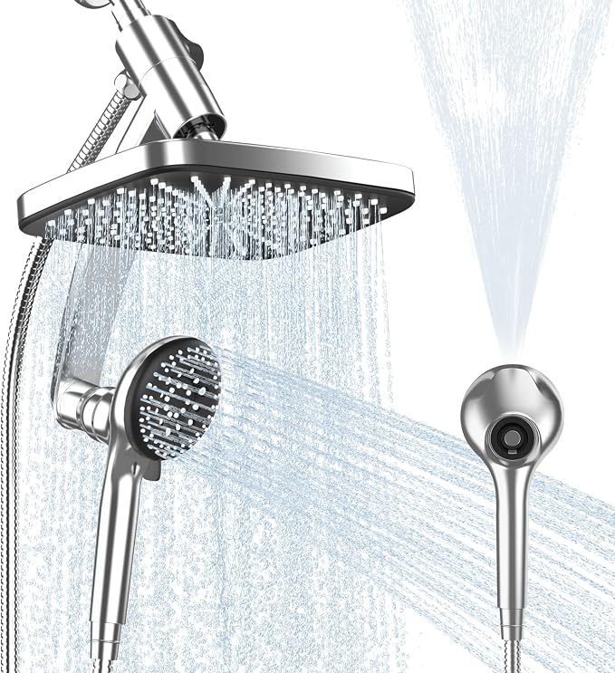12 Inch High Pressure Rainfall Shower Head Combo,9 Settings Handheld Shower | Height/Angle Adjustable, 3 Spray Modes, Anti-leak, Built-in Magnetic Docking,Washing Jets,Holder, 59" Shower Hose, 1.75GPM