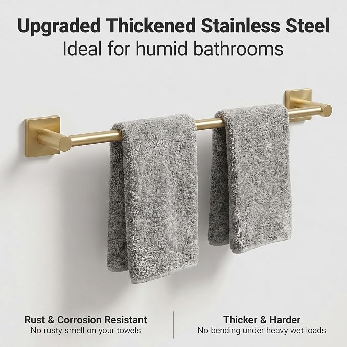 24-Inch Wall Mounted Towel Racks for Bathroom – Space Saver 4-Piece Durable Stainless Steel Bathroom Hardware Set with Towel Bar, Towel Ring, Toilet Paper Holder & Hook, Gold
