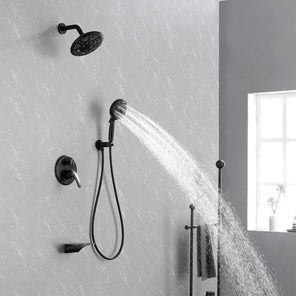 SHAMANDA Luxury Tub Shower Faucet Set with Round-in Valve, Wall Mounted Shower System with Waterfall Tub Spout and 6-Setting Rain Shower Head with 9-Setting Handheld, Matte Black, L8083-7