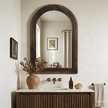 Arched Bathroom Mirror, 38"x26" Brown Wood Frame Wall Mirror | Farmhouse Vintage Vanity Mirror with Layered Frame for Entryway, Living Room, Bedroom