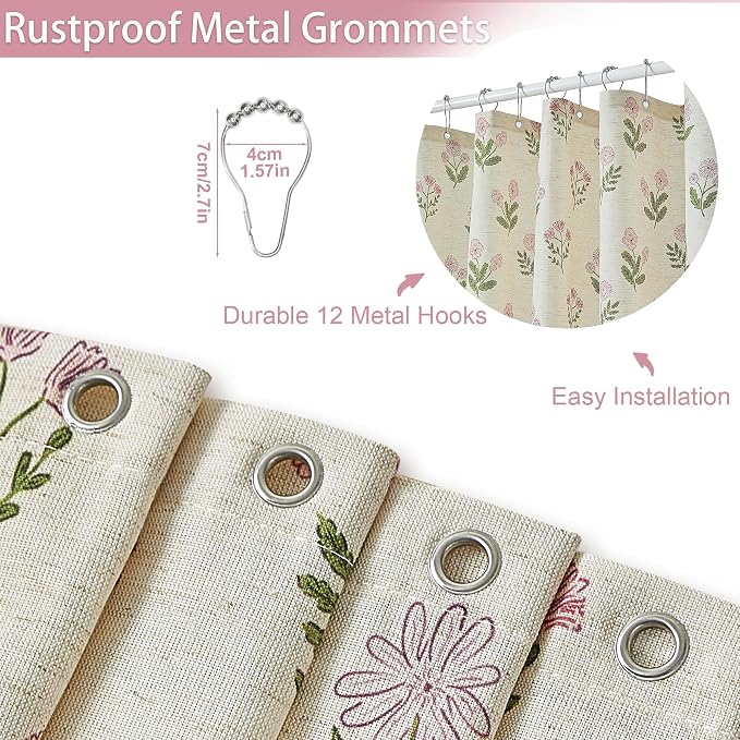 ORTIGIA Linen Textured Ruffle Shower Curtain 72x72 Inch with Metal Hooks, Vintage Pink Floral Flowers Block Print Boho Waterproof Bath Curtain for Rustic Farmhouse Bathroom Decor
