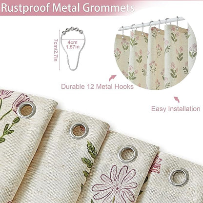ORTIGIA Linen Textured Ruffle Shower Curtain 72x72 Inch with Metal Hooks, Vintage Pink Floral Flowers Block Print Boho Waterproof Bath Curtain for Rustic Farmhouse Bathroom Decor