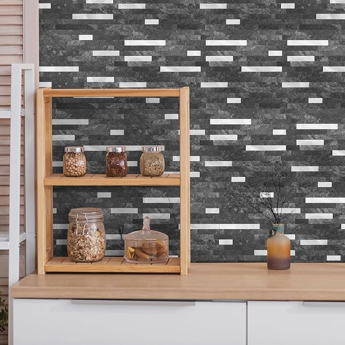 Yipscazo 20 Sheets Peel and Stick Stone Metal Tile Backsplash, Stick on Tiles for Backsplash Kitchen, Bathroom, Laundry Room, Camper, Fireplace (12'' X 12'', Dark Black)
