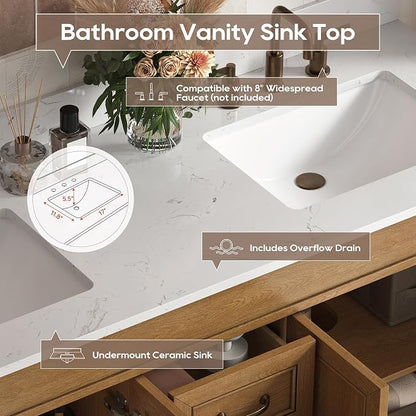 60 Inch Bathroom Vanity with Sink Combo, Classic Cabinet with Countertop & Backsplash, Solid Wood with Soft Closing Doors & Dovetail Drawers, Ceramic Sink, Light Walnut