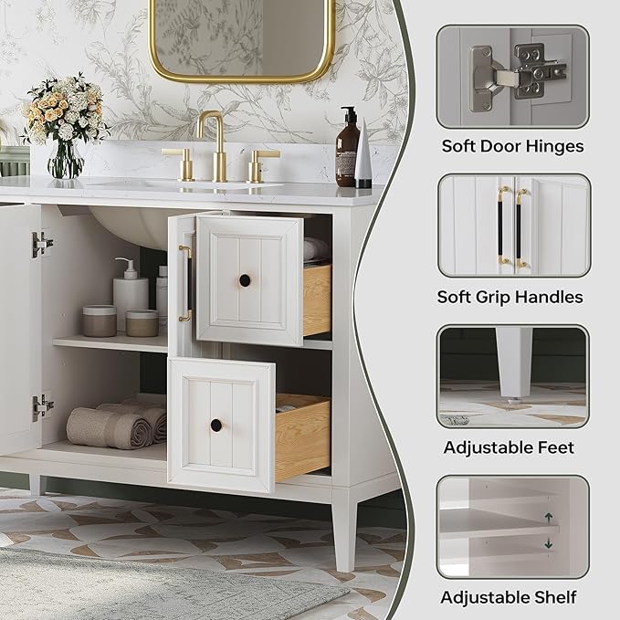 48 Inch Bathroom Vanity with Sink, Fully Assembled Solid Wood Bathroom Vanities with Engineered Stone Top, 48 Inch Modern Vanity, 2 Soft Closing Doors & 4 Dovetail Drawers, White