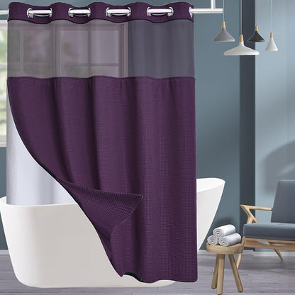 Conbo Mio No Hook Waffle Weave Shower Curtain with Snap in Liner Set, Hotel Luxury Purple Shower Curtains for Bathroom with See Through Top Window, Waterproof, Washable 71W x 74H