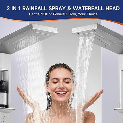 Shower Panel System, Multi-Function Shower Tower With 5 Body Spray, 5 Handheld Settings & Shelf, Rainfall + Waterfall Shower Head