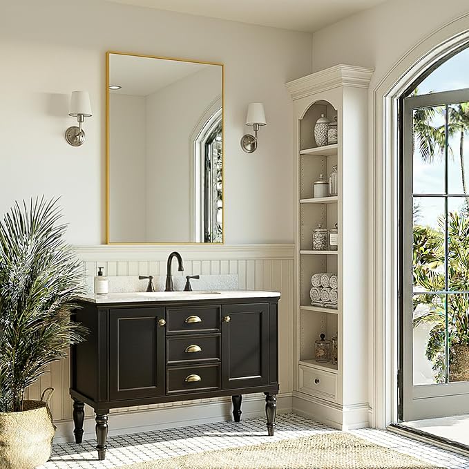 FICTOR Bathroom Vanity Mirror for Over Sink, 24" x 36", Gold | Anti-Rust Frame, Shatterproof Tempered Glass, Vertical/Horizontal Wall Mounted Mirror for Bedroom, Entryway, Living Room