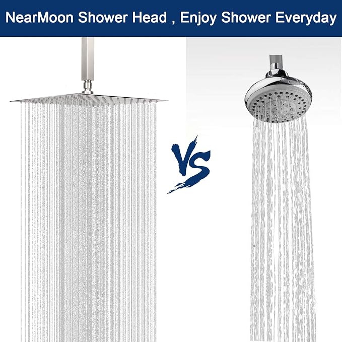NearMoon Rain Shower Head With Shower Arm, Ceiling Mount Square Shower, Stainless Steel Ceiling Rainfall Showerhead- Waterfall Full Body Coverage (12 Inch, Brushed Nickel)