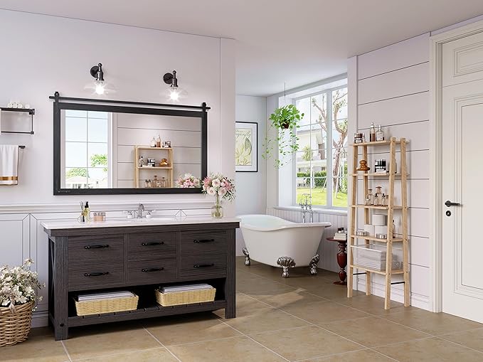 Farmhouse Bathroom Mirror, 48x30 Inch Black Wood Framed Rustic Vanity Mirrors for Wall, Large Rectangular Wall Decor Mirrors for Bedroom Living Room Entryway