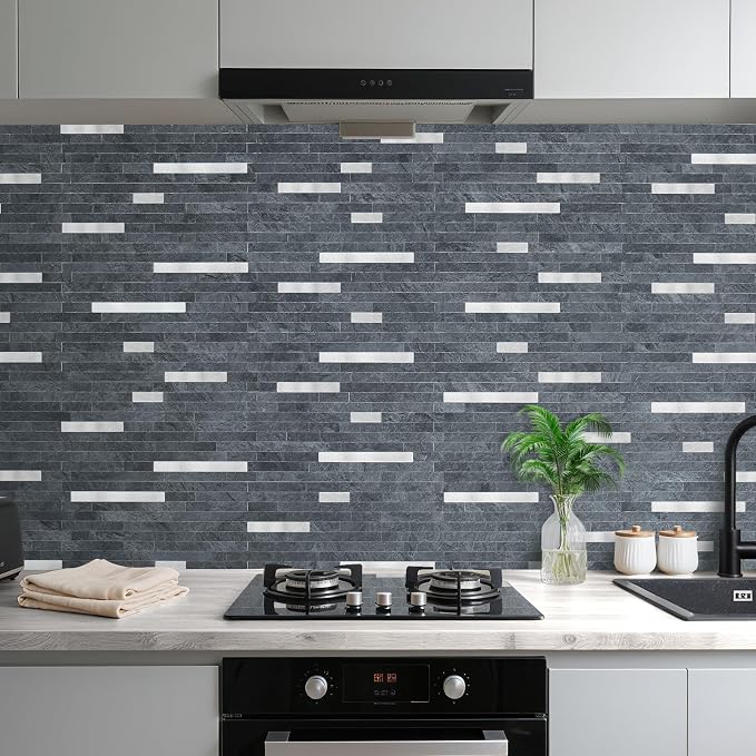 AULIGET 2 Sheets Black Slate Peel and Stick Backsplash, PVC Mixed Metal Silver Wall Tile Stick on Backsplash for Kitchen and Bathroom