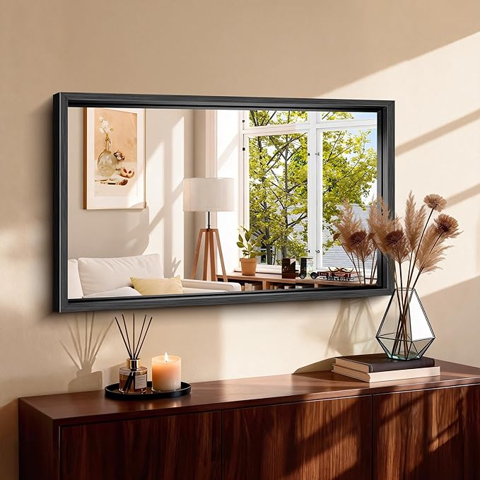 CIRCUMI 24"x40" Black Mirror with Chunky Box Metal Frame, Brushed Finish Rectangular Bathroom Mirrors for Over Sink, Living Room, Entryway, Tempered Glass Mirror for Wall, Vertical or Horizontal
