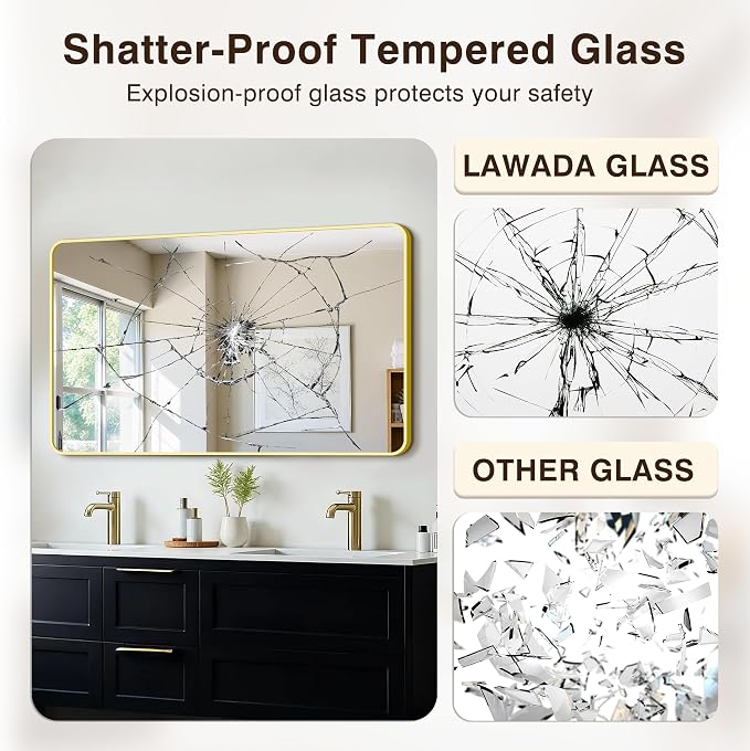 Vanity Bathroom Mirror, 50”x30” Gold Bathroom Mirror for Over Sink | HD Tempered Glass, Anti-Rust Frame, Vertical or Horizontal, Wall Mirrors for Bathroom Sink, Living Room, Entryway, Bedroom