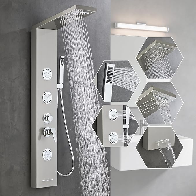 5-In-1Shower Panel Tower System-Brushed Gray | 304 stainless steel Shower Panel Column Tower With Powerful Body Jets,Body Spray,Rainfall,Waterfall,Handheld And Tub Spout