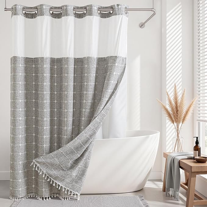 RiverDream Farmhouse No Hooks Shower Curtain with Snap-in Liner,Khaki,71x74 | Snap on Fabric Liner,Heavy Duty,Quick Dry,Mesh Top Window,With Bottom Magnets,Washable,with Tassels,Standard Size