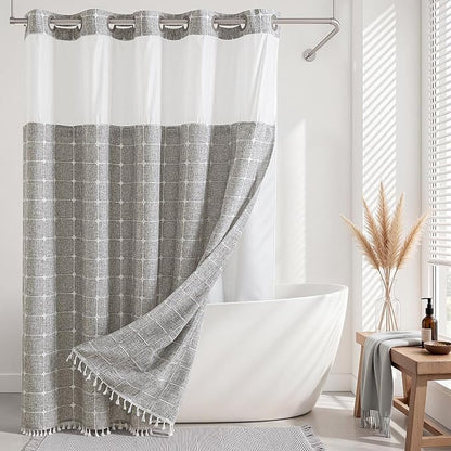 RiverDream Farmhouse No Hooks Shower Curtain with Snap-in Liner,Khaki,71x74 | Snap on Fabric Liner,Heavy Duty,Quick Dry,Mesh Top Window,With Bottom Magnets,Washable,with Tassels,Standard Size