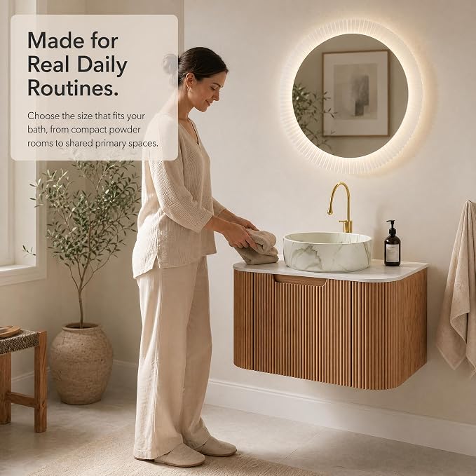 24 Inch Bathroom Vanity with Sink, Floating Wall Mounted Single Sink Vanity for Small Baths, Natural Woodgrain Curved Fluted Front, Stone Top, Marble-Look Round Vessel Basin, Pre-Assembled