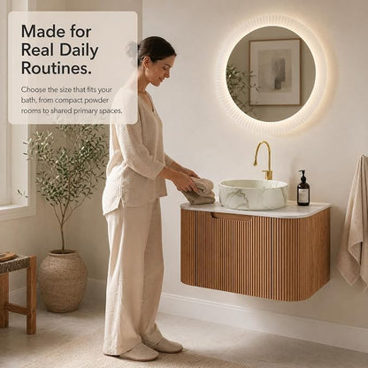 24 Inch Bathroom Vanity with Sink, Floating Wall Mounted Single Sink Vanity for Small Baths, Natural Woodgrain Curved Fluted Front, Stone Top, Marble-Look Round Vessel Basin, Pre-Assembled