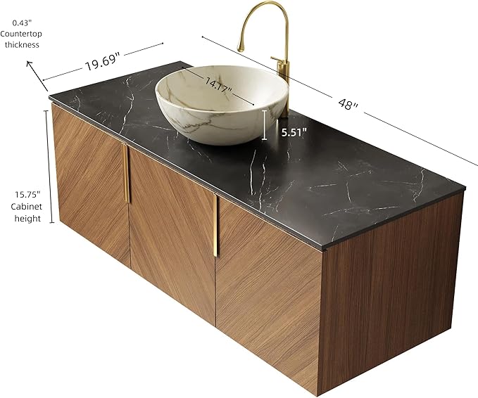 48 Inch Bathroom Vanity with Single Sink, Floating Vanity with Vessel Sink, Modern Bathroom Vanity Cabinet with 3 Doors, Sintered Stone Countertop and White Bowl Basin,Brown Oak