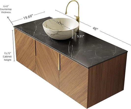48 Inch Bathroom Vanity with Single Sink, Floating Vanity with Vessel Sink, Modern Bathroom Vanity Cabinet with 3 Doors, Sintered Stone Countertop and White Bowl Basin,Brown Oak