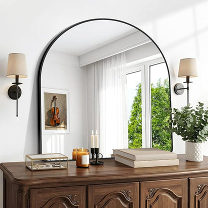 BONEWEI Arched Wall Mirror,36x36 inch Black Arched Mirror Bathroom,Large Vanity Mirror for Over Sink Metal Frame,Tempered Glass Arch Mirrors for Bedroom,Entryway,Living Room,Home Decor Shatter-Proof