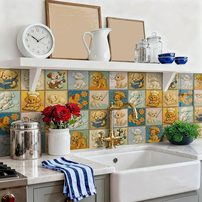 Easy Peel Stick wall Tile Stickers 6x6in Stick on backsplash Tiles,12Pcs | removable 3D tile for kitchen RV bathroom laundry backsplash decor,Ultra-high-definition printed puppy pattern
