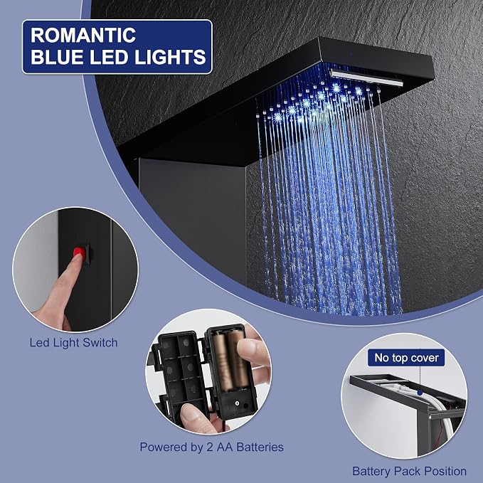 ROVATE 5 in 1 LED Rainfall Waterfall Shower Panel Tower System, Black | High Pressure Stainless Steel Shower Column with Tub Spout, Powerful Body Jets, Flexible Handheld, Brass Mixing Valve Body