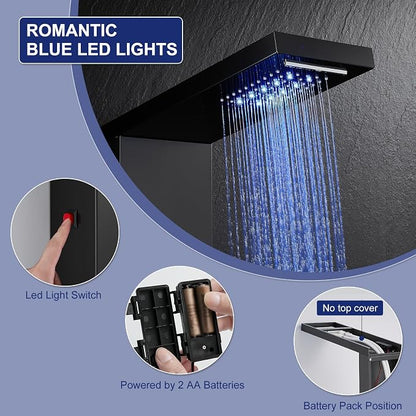 ROVATE 5 in 1 LED Rainfall Waterfall Shower Panel Tower System, Black | High Pressure Stainless Steel Shower Column with Tub Spout, Powerful Body Jets, Flexible Handheld, Brass Mixing Valve Body