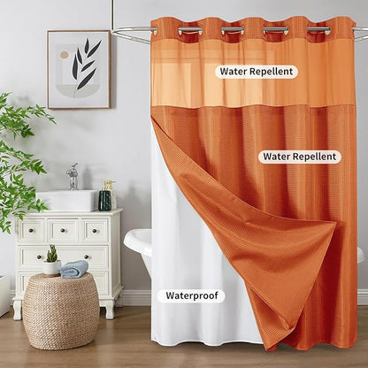 No Hook Shower Curtain with Snap in Fabric Liner, Waffle Weave Heavy Duty Thick Shower Curtains with Mesh Top Window, Hotel Style Waterproof Bathroom Curtain Set, 72 x 75 Inch, Burnt Orange