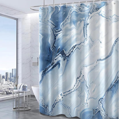Blue Shower Curtain, Ombre Blue Marble Shower Curtain for Bathroom Modern Aesthetic Waterproof Shower Curtain Set with Hooks, 72x96 Inch