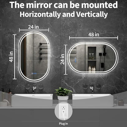 Oval LED Bathroom Mirror, 24"x 48" Frameless Lighted Mirror | LED Mirror with Front Light & Backlit, Anti-Fog, Dimmable Wall Mounted Lighted Mirror, Pill-Shaped Smart Bathroom Mirror