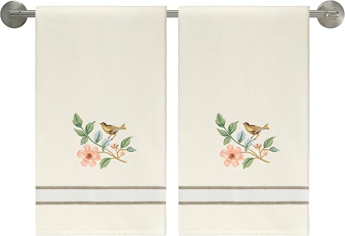 Avanti Linens – Bath Towels, Ringspun Cotton Velour with Embroidered Bird & Floral Design, Striped Border Detail, Set of 2 (Pretty Birds)