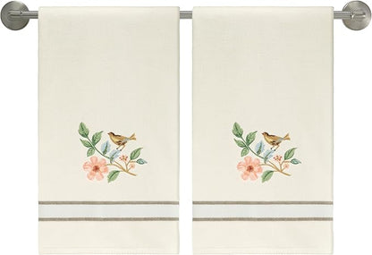 Avanti Linens – Bath Towels, Ringspun Cotton Velour with Embroidered Bird & Floral Design, Striped Border Detail, Set of 2 (Pretty Birds)
