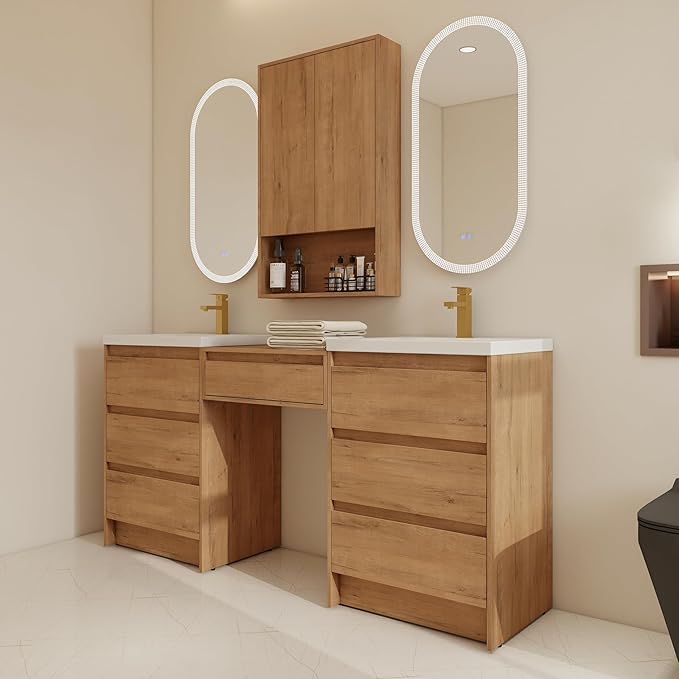 72" Bathroom Vanity Set, 72 Inch Modern Freestanding Vanity with 7 Drawers and Storage Cabinets, Double Resin Sink Floor Stand Cabinet Set Imitative Oak