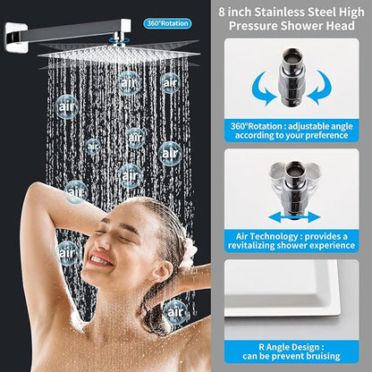 8 Inch Polished Chrome Shower Faucet Set with Rain Shower Head and Handheld Spray, Wall Mounted Rainfall Shower Head with Handheld Combo, Bathroom luxury Shower System with Valve and Trim