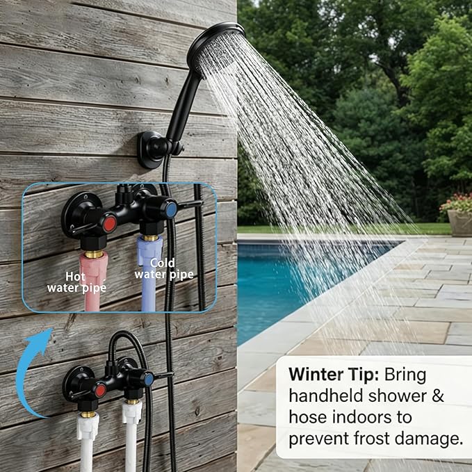 Outdoor Shower Kit Fixture Dual Handle Solid Brass 4 Inch Center Mix Valve with 59 Inch Hose and Showerhead Outdoor Shower System with ABS 6 Spray Mode Handheld Matte Black