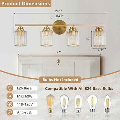 4-Light Gold Bathroom Light Fixtures, 29.1" Bathroom Vanity Light with Clear Crystal Shades, E26 Base Modern Wall Lighting Sconces, Vanity Lights for Bathroom Powder Room