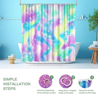 Rainbow Shower Curtain Holographic Gradient Colorful Kids Shower Curtain for Bathroom, Waterproof Polyester Machine Washable Home Decor Bath Curtains with Hooks, 72 x 72 Inch