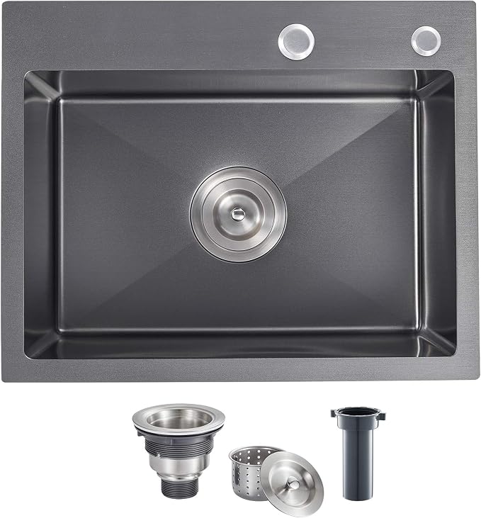 Black Topmount Kitchen Sink - 24”×18” Single Bowl Sink | 9 Inch Deep Handmade Bar Sink with Strainer, Stainless Steel 304, Center Drain, X-Groove Drainage, Sound-Dampening Pad