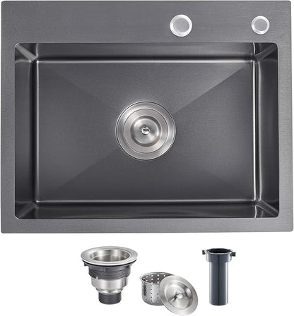 Black Topmount Kitchen Sink - 24”×18” Single Bowl Sink | 9 Inch Deep Handmade Bar Sink with Strainer, Stainless Steel 304, Center Drain, X-Groove Drainage, Sound-Dampening Pad