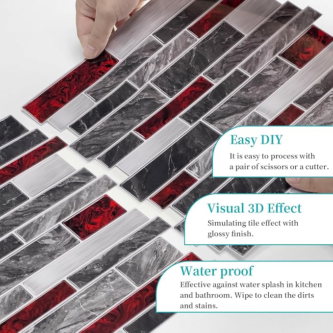 Alwayspon 10 Sheets 12" x12inch Black and Red Marble Effect Vinyl Tiles, Backsplash, Self-Adhesive Peel and Stick Wall Tile Stickers, Stick on Subway Tiles for Kitchen Bathroom Wall Decor