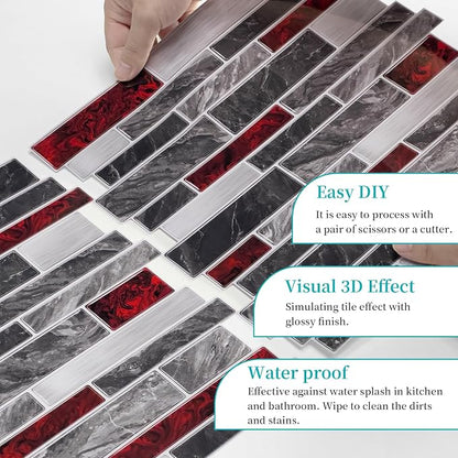 Alwayspon 10 Sheets 12" x12inch Black and Red Marble Effect Vinyl Tiles, Backsplash, Self-Adhesive Peel and Stick Wall Tile Stickers, Stick on Subway Tiles for Kitchen Bathroom Wall Decor
