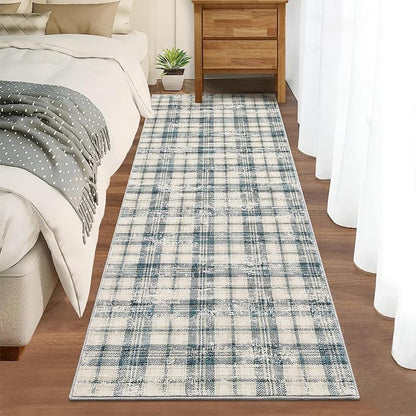 Washable Rugs Runner Rug 2x6 Modern Plaid Area Rug Soft Carpet 2'x6' Green/Beige