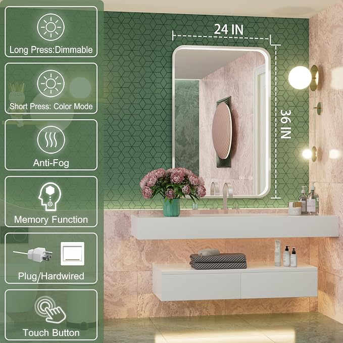 24"x36" Silver LED Bathroom Mirror with Lights,3000K/4500K/6000K | Stepless Dimmable,Anti-Fog,Memory Function,Aluminum Frame Wall Mount Lighted Bathroom Vanity Mirror,ETL Cert‌,IP54 Waterproof