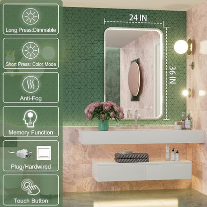 24"x36" Silver LED Bathroom Mirror with Lights,3000K/4500K/6000K | Stepless Dimmable,Anti-Fog,Memory Function,Aluminum Frame Wall Mount Lighted Bathroom Vanity Mirror,ETL Cert‌,IP54 Waterproof
