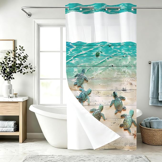 Nautical Green Beach Sea Turtle Theme No Hook Waffle Weave Shower Curtain with Snap in Liner Nautical Blue Bathroom Ocean Set 36 W x 74 H Inch Blue